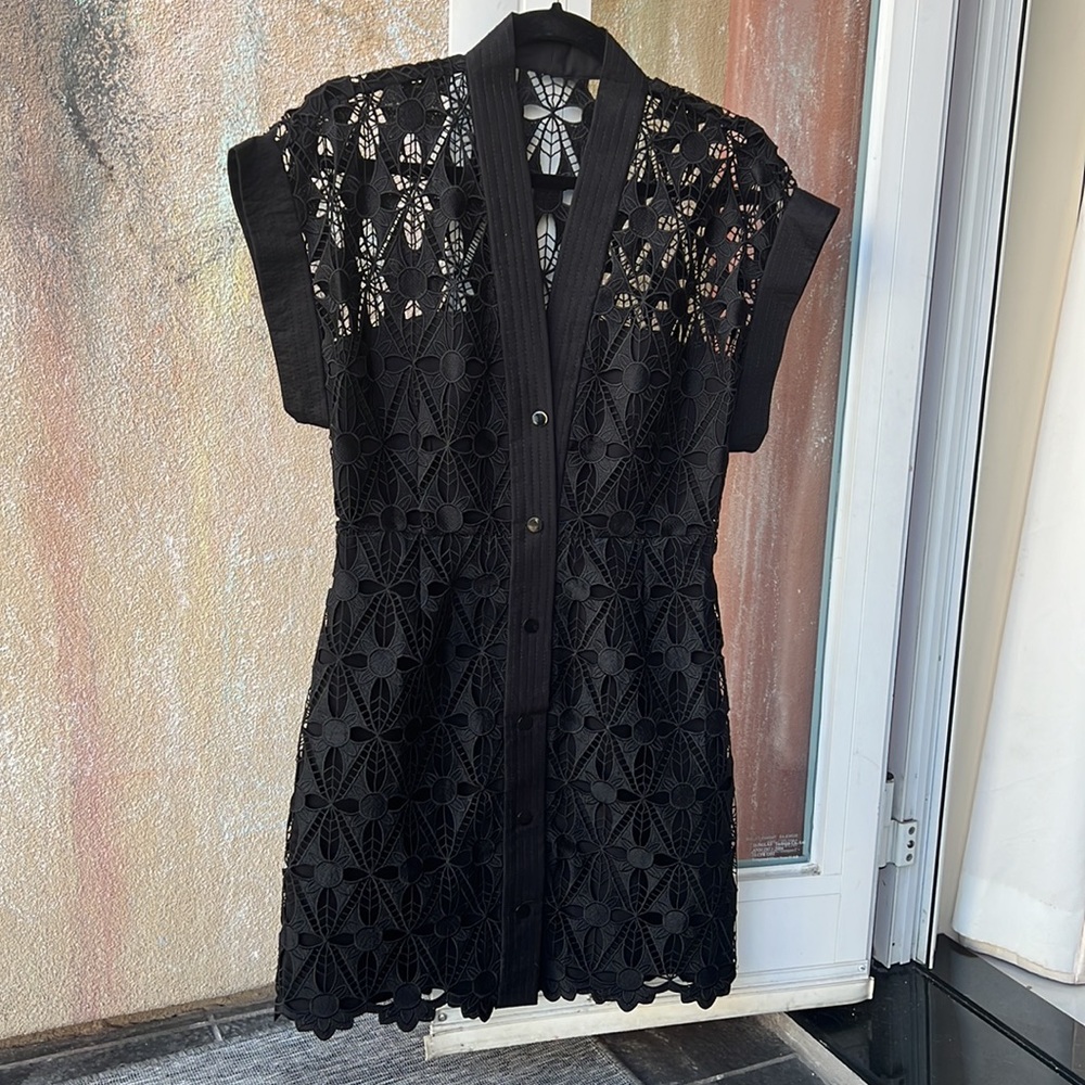 Sandro Paris black eyelet floral button up little black dress. Size 36